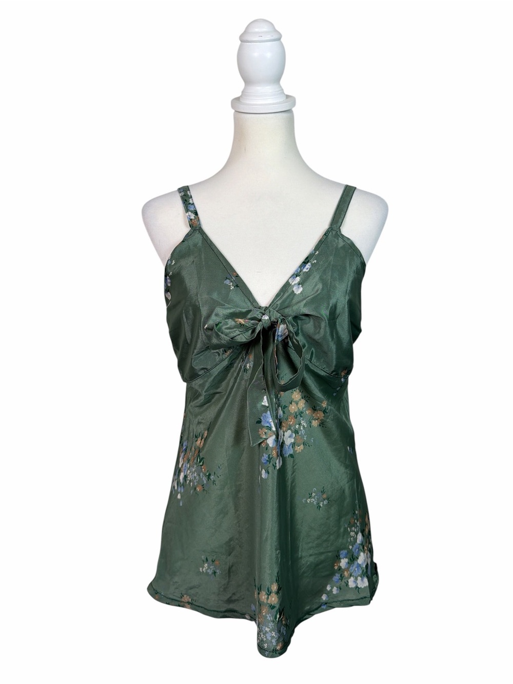 Vintage Horsefeathers Green Satin Floral Camisole Size XL Tie Front Lingerie
